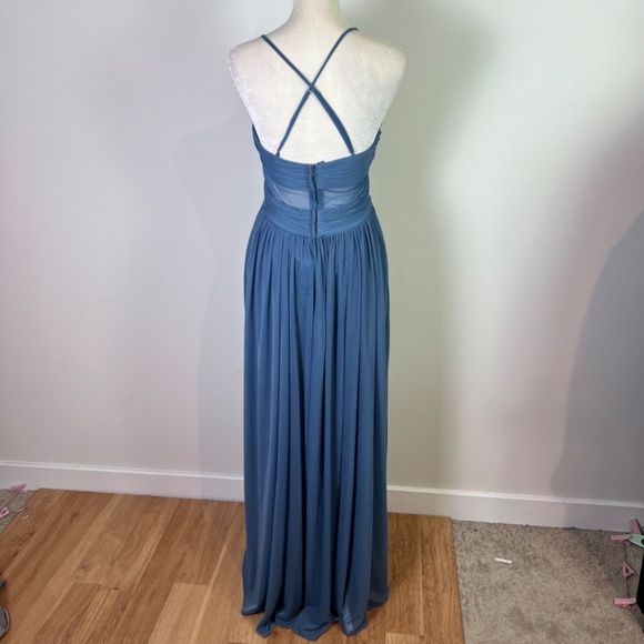 David’s Bridal Steel Blue Mesh Cut Out Spaghetti Strap Bridesmaid Dress NWT - Picture 5 of 13